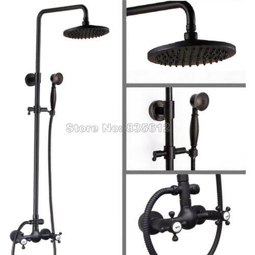 Wall Mounted Bathroom 8" Round Shower Head Rain Shower Faucet Set & Black Oil Rubbed Bronze Dual Cross Handles Mixer Taps Wrs493