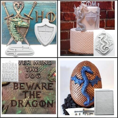 Meibum Dragon Decorating Silicone Fondant Cake Mold Shield Alphabet Swords Pattern Paste Sugar Craft Chocolate Candy Mould