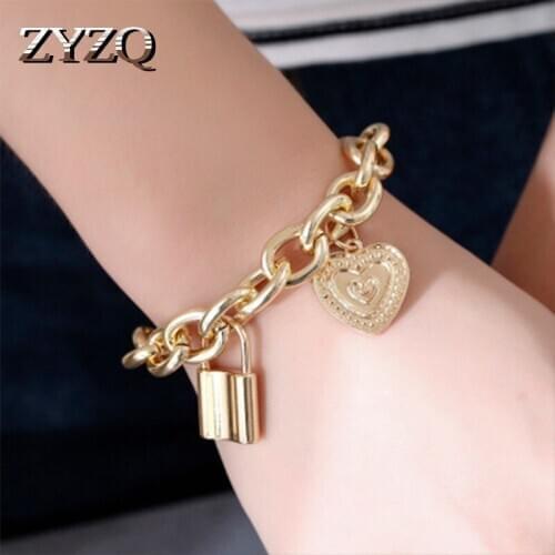 ZYZQ Fashion Personality Metal Chain Bracelets With Cute Heart Locker Shaped Pendant Couple Bracelets Two Color Available Hot