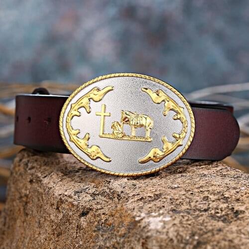 Cowboy Mens leather belt with white gold buckle One body button leather belts