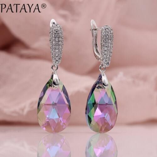 PATAYA New Water Drop Long Earrings Women Colorful Luxury Wedding Jewelry True White Gold CZ Austria Crystal Dangle Earrings