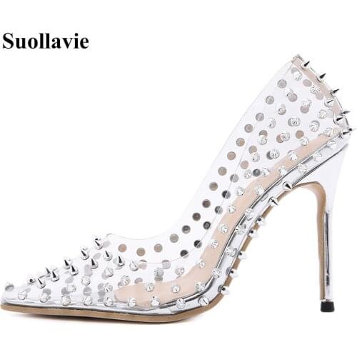 Suollavie 2021 New Spring transparent Pumps Women Fashion Rivet sapatos das mulheres pointed toe Thin High Heels Escarpins Femme