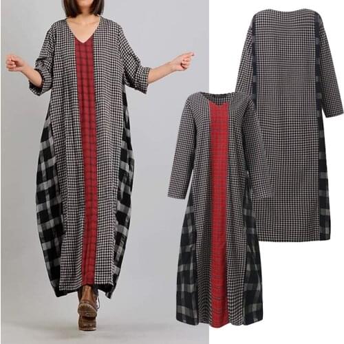 ZANZEA Women Plaid Checked Maxi Long DressSpring Vintage V neck Long Sleeve Sundress Loose Patchwork Vestido Kaftan