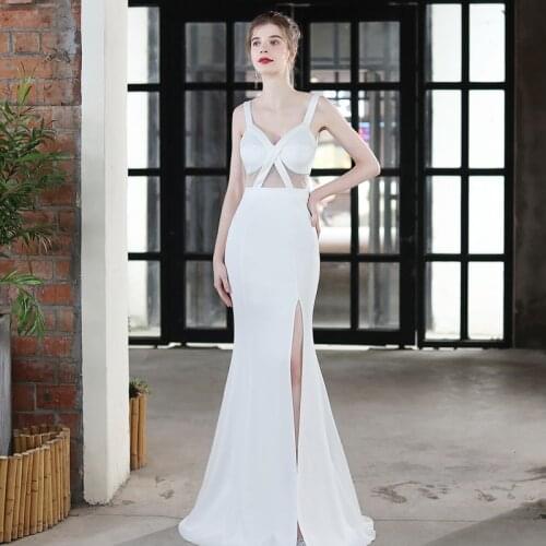 YIDINGZS Sexy Slit Evening Dress Womens White Strap Dress Party Maxi Dress With Crystal