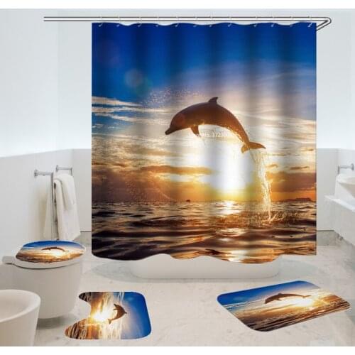 Blue Marine Animal Shower Curtain Bathroom Decoration Waterproof Shower Curtain Non-slip Bath Mat Toilet Mat Set