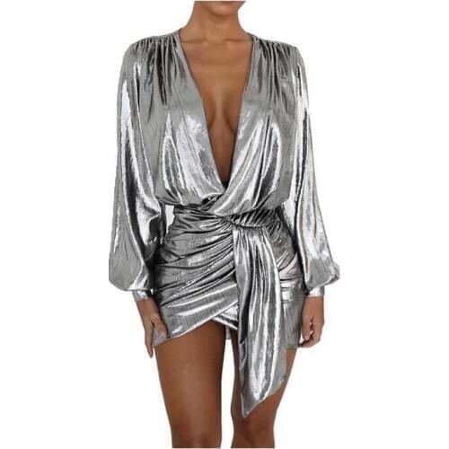 Sexy Silver Long Sleeve Mini Dress Women Deep V Neck Ruched Night Out Clubwear Metallic Wrap Dress Asymmetrical Club Dresses