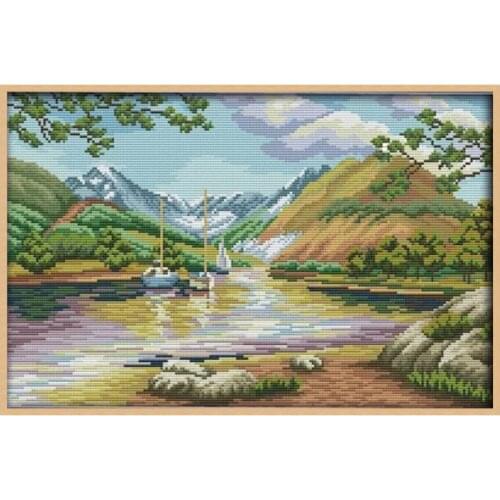 Landscape of Lakes and Hills Printed Cross Stitch Patterns Embroidery Needlework Kits 11CT 14CT DIY Home Decor Scenery Paintings