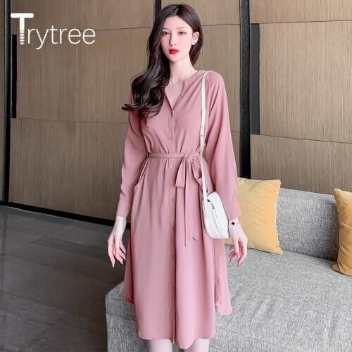 Trytree 2020 Spring Women Dress Casual V-neck Single Breasted Belt Solid Pink Color Fashion Elegant Knee-Length A-line Dress