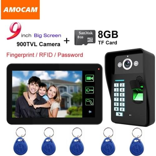 9" Touch Monitor Video Record video door phone Intercom Doorbell Fingerprint/Password Code/ID Card/8GB Card Recording video