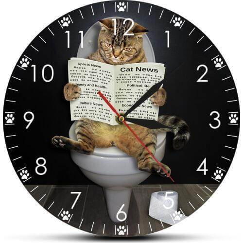 Funny Cat on Toilet with Newspaper Modern Design 3d Saat reloj de pared Watch Kids Room Decorative Wall Clock Kitty Lover Gift