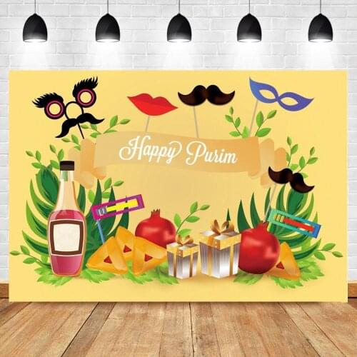 Yellow Board Happy Purim Mask Party Oznei Haman Baby Portrait Photographic Background Photo Backdrop For Photo Studio