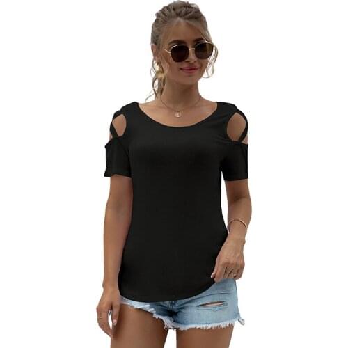 2021 Round Neck Short Sleeve Strapless Womens Shirt Hollow Out Sleeve Black T-shirt
