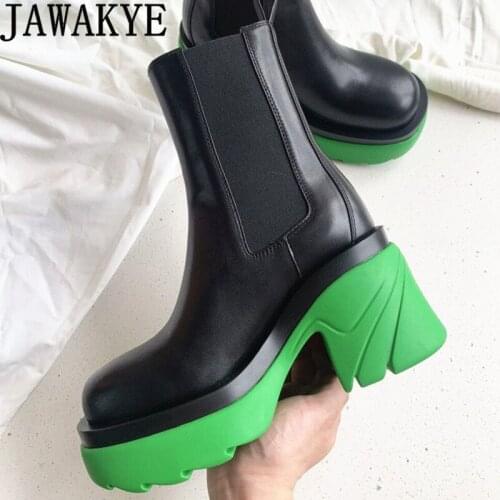 2021 Winter New Real Leather Chelsea Boots Women Chunky High Heel Platform Boots Luxury Brand Boots Mid Calf Ankle Boots mujer