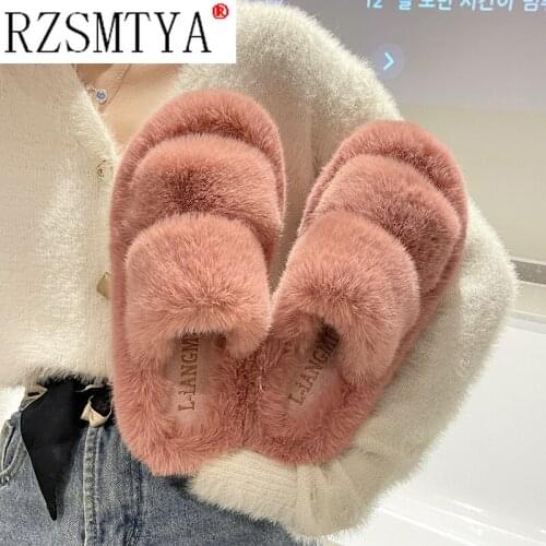 2021 New Women Slippers Furry Fluffy Flat Shoes Winter Home Slippers Fashion Comfortable Slip on Lazy Thick Fur Slides