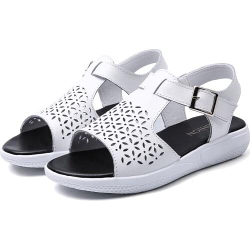 2021 Hollow Split Leather Women Sandals Breathable With Buckle Summer Womens Shoes Outdoor Luxury Slippers Ladies Wedge Sandals