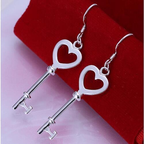 Fine Jewelry 925 Sterling Silver Charm Heart Key Drop Earrings For Women Fashion Earrings Free Shipping