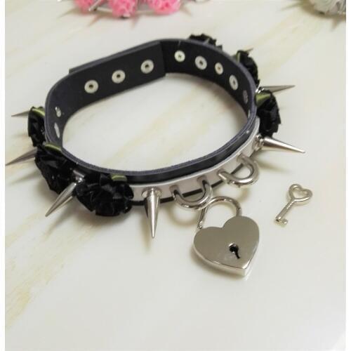 Women sexy Lolita Punk Choker handmade Goth Sweet heart LOCK Rivet Harajuku leather Necklace Collar 2 layer belt flower Torques