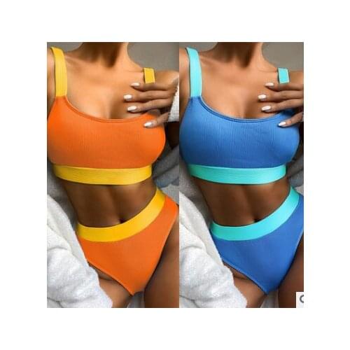 2020 Patchwork Swimsuit Women High Waist Bikini Swimwear Ribbed Bikini Sports Bathing Suit Vintage Swim Suit Female Summer New