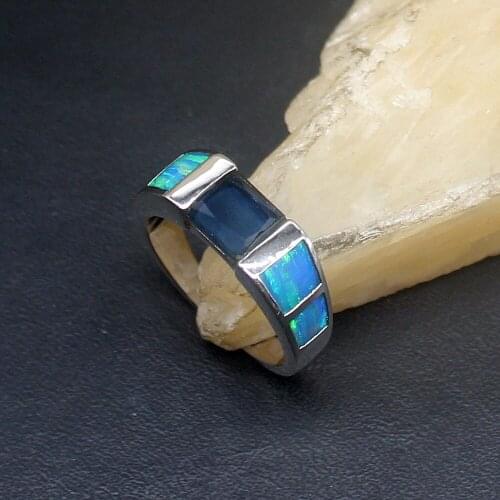 Hermosa Blue Opal Amazing New Sapphire Genuine 925 Silver Band Ring Wedding Engagement Gifts for Women Size 7# 20214365