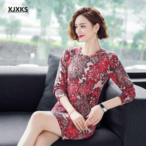XJXKS 2021 spring autumn new fashion printed women long sweater high quality wool knitted dress women pullover