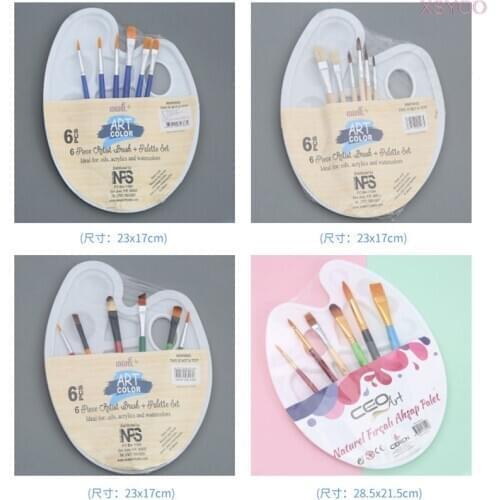 1pcs Plastic Palette Add 6 paint brush pen Art Paint Plastic Drawing Tray Color Palette for Oil Watercolour Painting Pallet