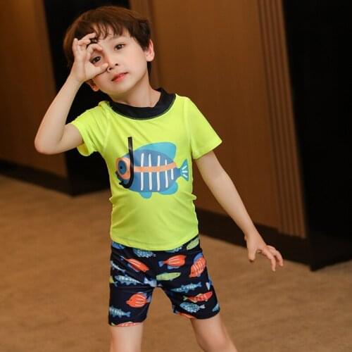 2021 Summer 2-10 Years Children SwimSuit Short Sleeve Boy Swimwear Cartoon Swimming Trunks Three Piece Set Quick Dry Breathable
