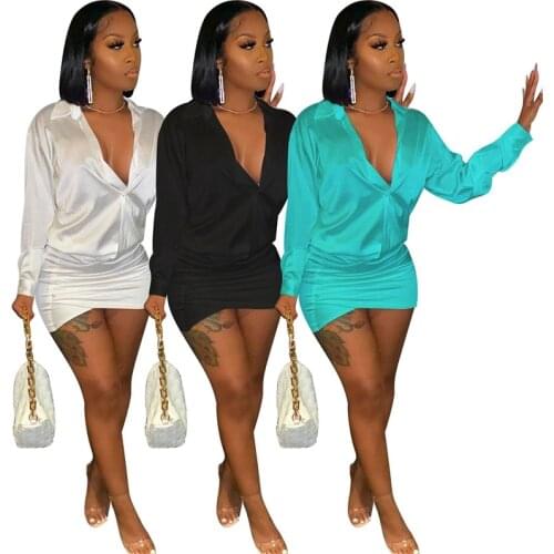 2021 Long Sleeve Satin Shirt Dress Turn Down Collar Sexy Deep V Neck Pleated Mini Dress For Women Skinnny Tight Party Vestidos