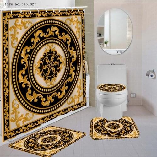 3/4 Pcs European Pattern Shower Curtains Sets Golden Chain Carpet Pedestal Rug Lid Toilet Cover Bath Mat Retro Bathroom Set