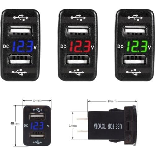 40x23mm 12V Dual USB Ports Car Charger LED Voltmeter Power Adapter for toyota