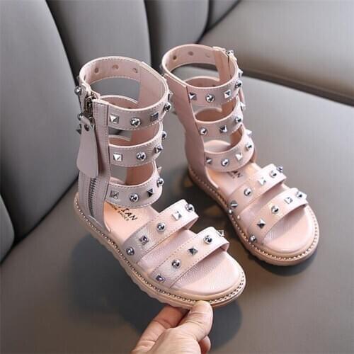 Girls boots rivets sandals soft bottom fashion sandals 2020 summer childrens outdoor non-slip flat zipper shoes 26-36