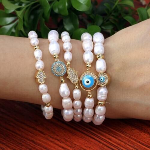 Natural Freshwater Pearl Turkish Eye Bracelets Stretch Bangle hand bracelet with cubic zirconiumFor Women