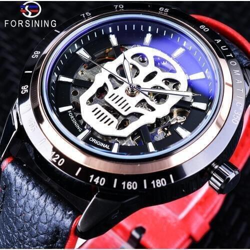 Forsining Sport Unique Skull Skeleton Black Red Watches Mens Automatic Watches Top Brand Luxury Luminous Clock Water Resistant