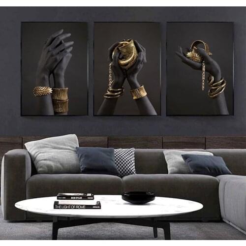 Black and Gold Hand with Gold Bracelet Oil Canvas Painting African Art Posters Prints Wall Pictures for Living Room Decor