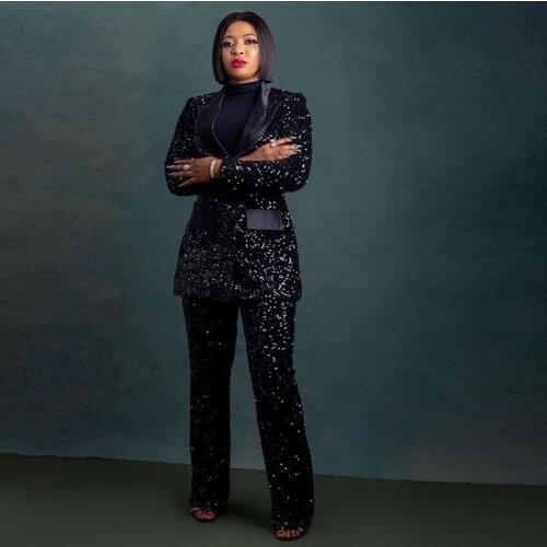 Black Sequine Womens Pants Evening Dresses Two Pieces Slim Fit Suit Formal Wear Custom Made Outfits