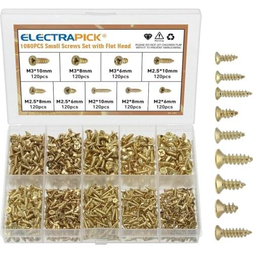 Electrapick 1080pcs Flat Head Screw Golden Cross Drive Small Screw Furniture Wooden Box Hardware Accessories Kit