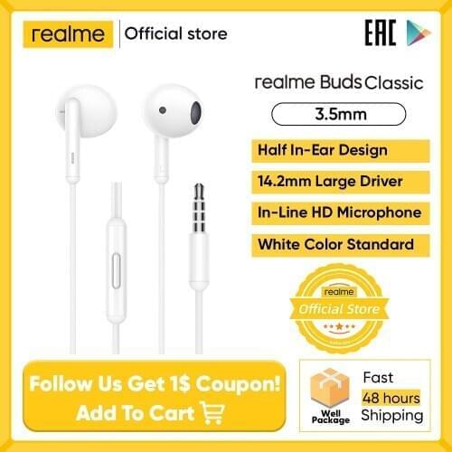Realme Buds Classic Earphone In-line HD Microphone Built-in Music r Call Control Tangle Free 14.2mm Audio Drive for Smartphone
