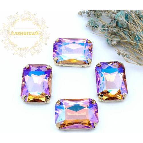 Water red AB color Rectangular Crystal Glass Sewing Rhinestones with gold Claw Rhinestones for Diy wedding Dress and Bags