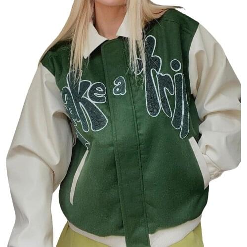 2021 Women Loose Zip Up Jackets Casual Long Sleeve Letter Embroidery Coat with Pockets Fashion Style