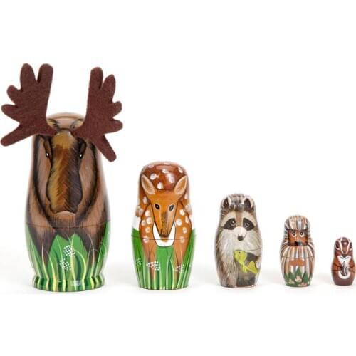 HOT SALES！！5Pcs/Set Hand Painted Wooden Nesting Dolls Matryoshka Deer Animal Figurines Toy