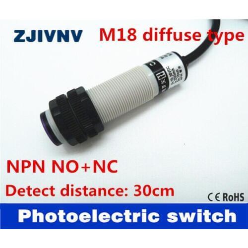 M18 diffuse type NPN NO+NC DC10-30V 4 wires photoelectric sensor switch detect distance 30cm adjustable high quality ce approval