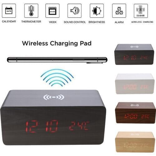 Multifunction Snooze Desk Clock Wooden Electric Alarm Clock w/ Qi Wireless Charging Pad LED Digital Sound Control Phone Charger