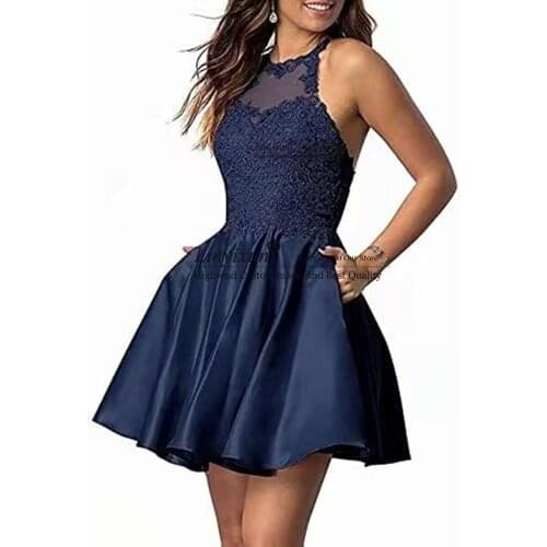 Fashion Navy Blue Short Homecoming Dresses 2021 Junior Party Gowns Applique Stain Abendkleider Graduation Pageant Dresses