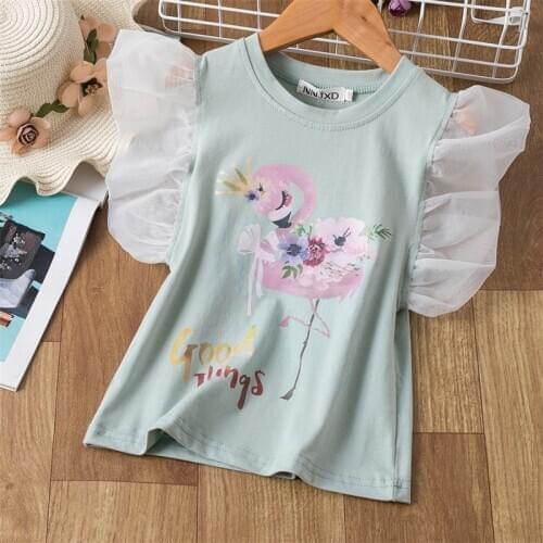 Girls Fashion T Shirts Summer O-neck Short Sleeve Cotton Animal Print Tees Kids White Top Children Cute Casual Clothes 3-8 Years
