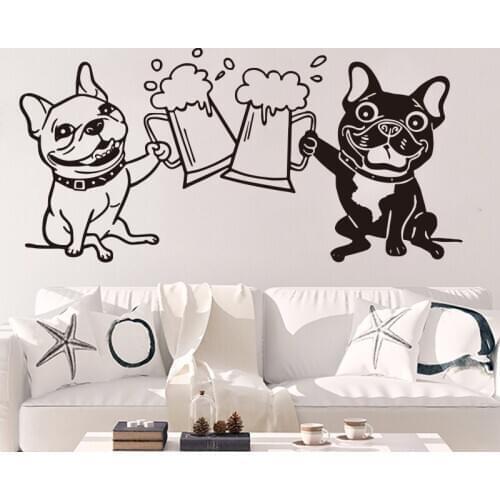 Large French Bulldogs Toasting Drink Beer Wall Sticker Bar Kitchen Bulldogs Pet Friend Alcohol Beer Wall Decal Dinning Room Vin