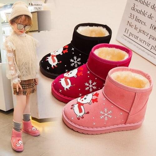 Girls Snow Boots Warm Thick Cotton Children Winter Boots Kids Ankle Boots Christmas Elk Cartoon Sweet Cute for Boys Rubber Sole