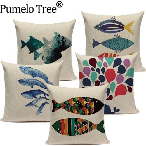 High Quality Colorful Sea Animal Fish Pattern Linen Cushion Cover Pillowcase Chair Throw Pillow Cover Custom Pillow Case 45 * 45