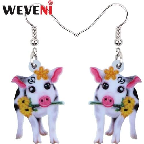 WEVENI Acrylic Flower Pink Pig Piggy Earrings Big Long Dangle Drop Cute Animal Jewelry For Girls Women Ladies Teens Accessories
