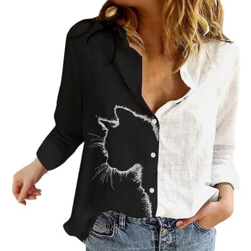 Womens Cats Cartoon Print shirt Color Block Long Sleeve Turn Down Collar Single-breasted Blouse Top Female Streetwear Plus Size