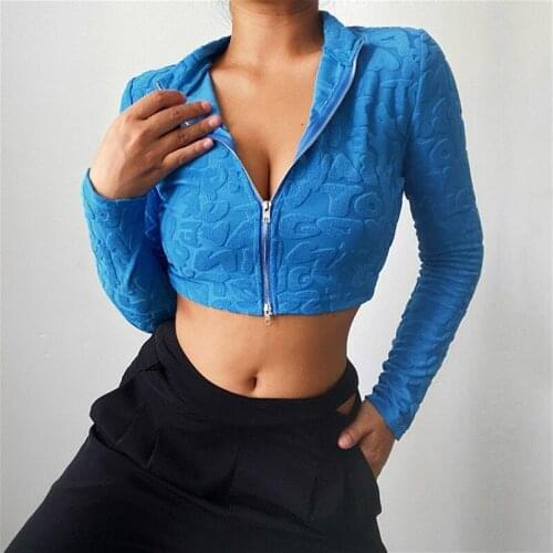 2021 Fashion Zip Up Crop Tops Blouse Women Autumn Long Sleeve Stand Collar Letter Pattern Slim Fit Shirts Sexy Streetwear