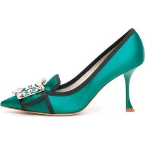 Moraima Snc Pointed Toe Crystal High Heel Shoes Woman Newest Green Satin Stiletto Pumps Ladies Thin Heels Party Wedding Heels